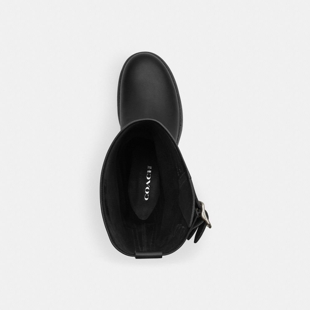 COACH®,Daria Moto Boot,Rubber,Leather,Riding,Boots,Pull Tab,Traction,Casual,Black,Inside View,Top View