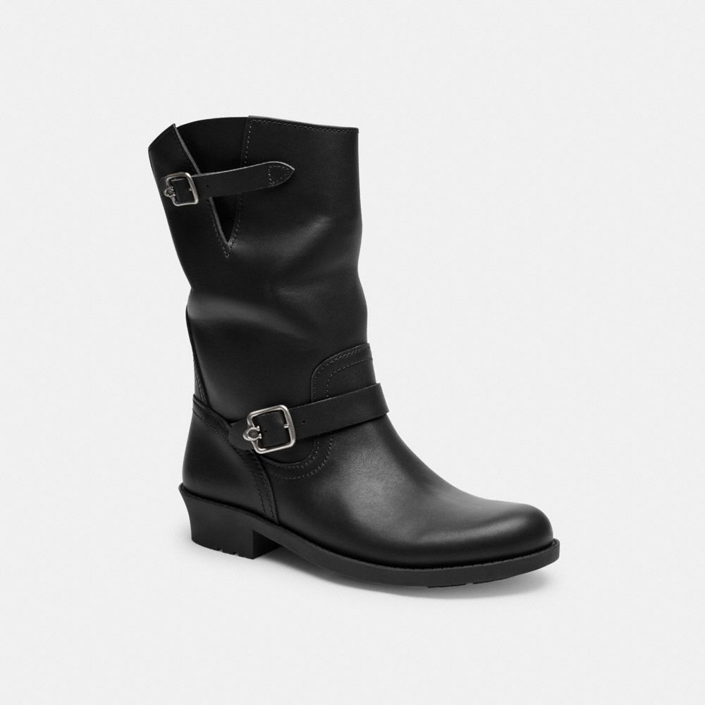 COACH®,Dawn Moto Bootie,Rubber,Moto,Notched Embellishment,Traction,Cushioned,Casual,Black,Front View