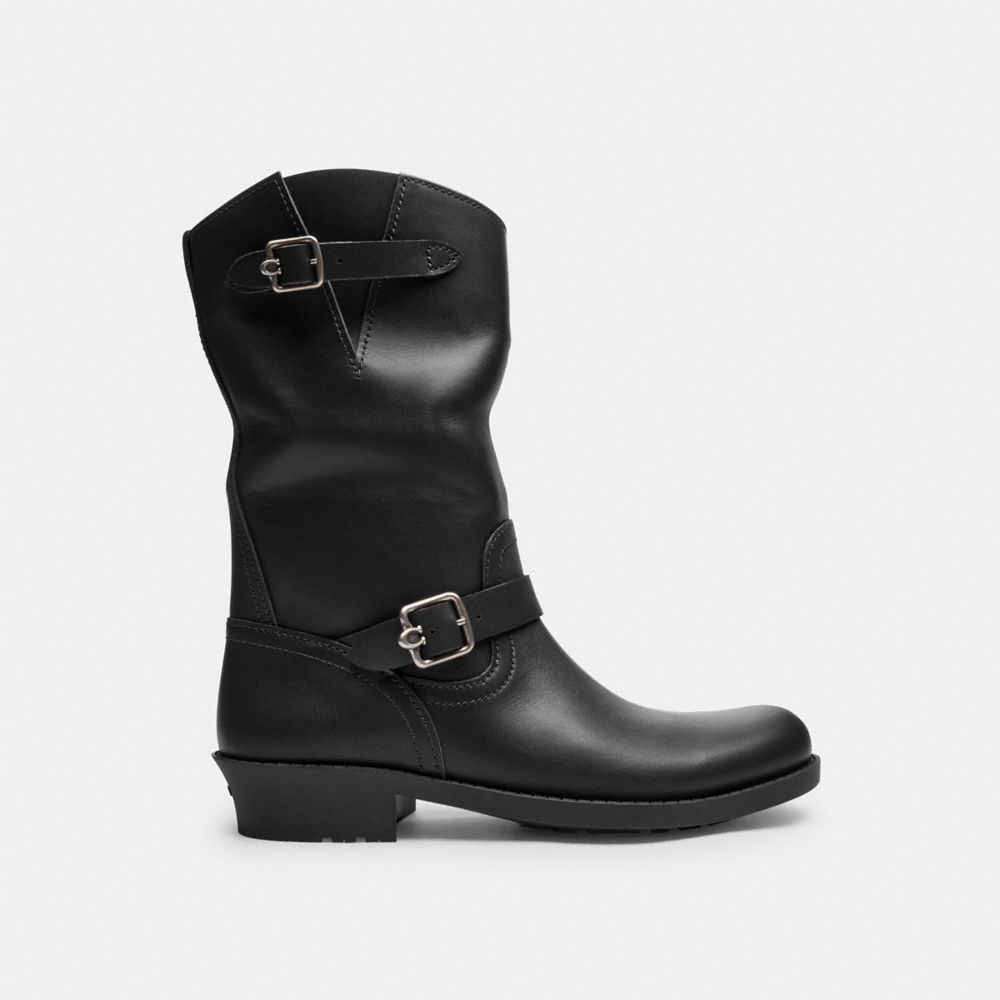 COACH®,Dawn Moto Bootie,Rubber,Moto,Notched Embellishment,Traction,Cushioned,Casual,Black,Angle View