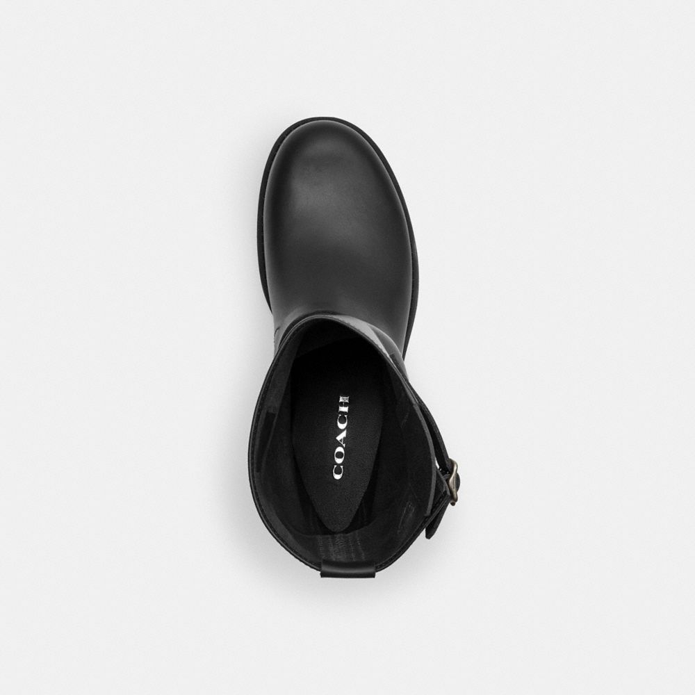 COACH®,Dawn Moto Bootie,Rubber,Moto,Notched Embellishment,Traction,Cushioned,Casual,Black,Inside View,Top View