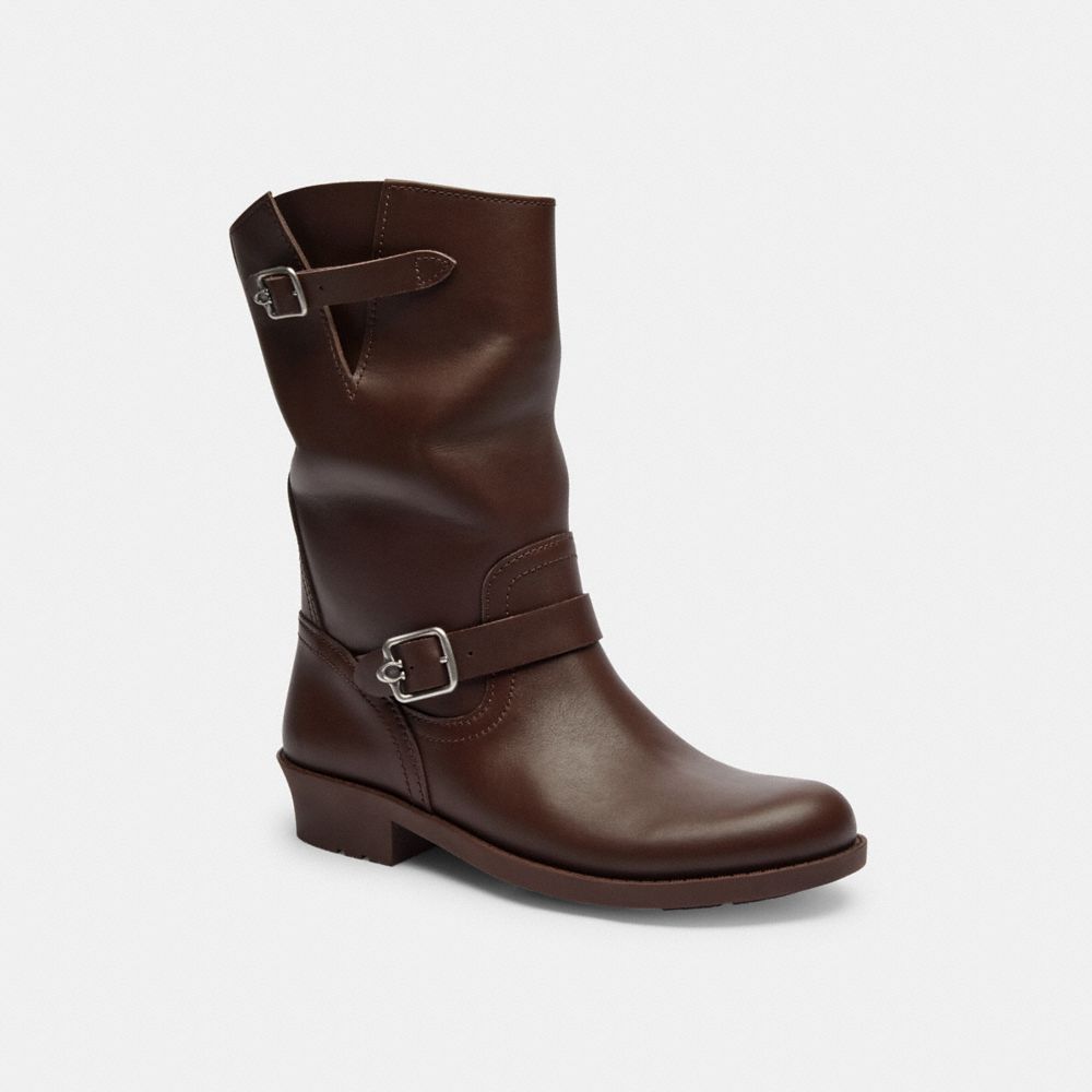 COACH®,Dawn Moto Bootie,Rubber,Moto,Notched Embellishment,Traction,Cushioned,Casual,Brown,Front View