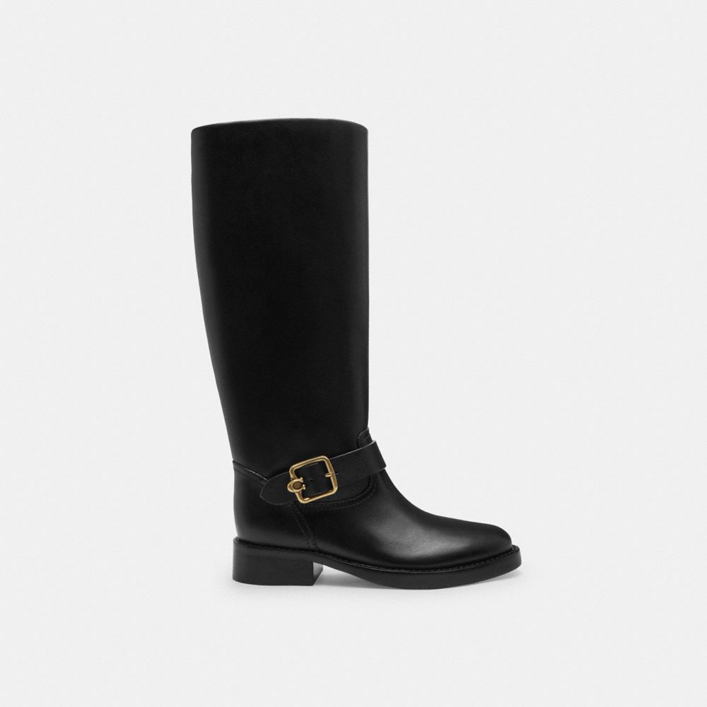 COACH®,Madeline Boot,Leather,Rubber,Riding,Traction,Pull Tab,Casual,Black,Angle View