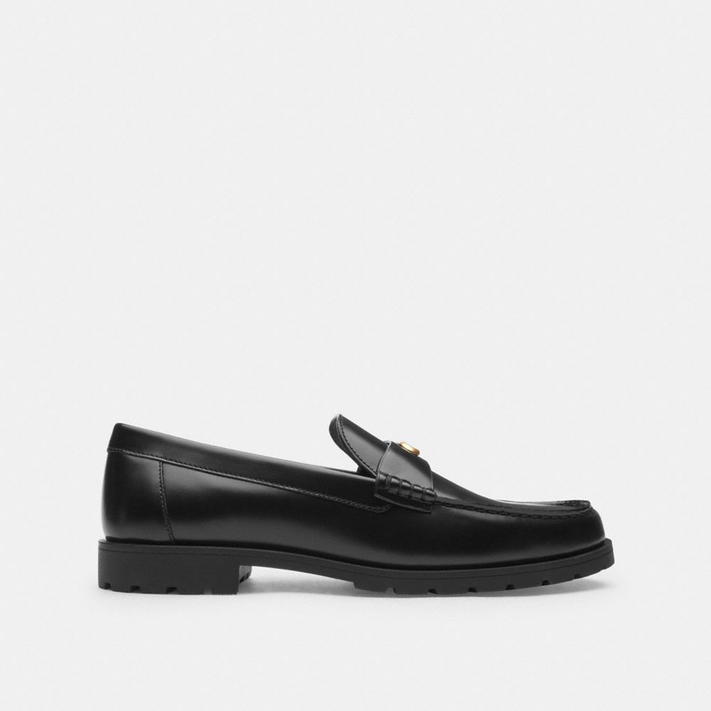 COACH®,Jocelyn Loafer,Rubber,Loafer,Logo,Penny Loafer,Metal,Traction,Work,Black,Angle View