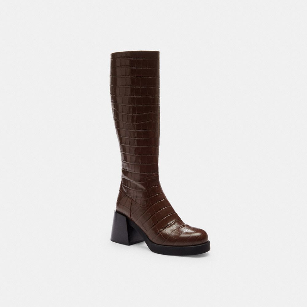 COACH®,Natasha Boot,Leather,Rubber,Boots,Pull Tab,Day Party,Brown,Front View
