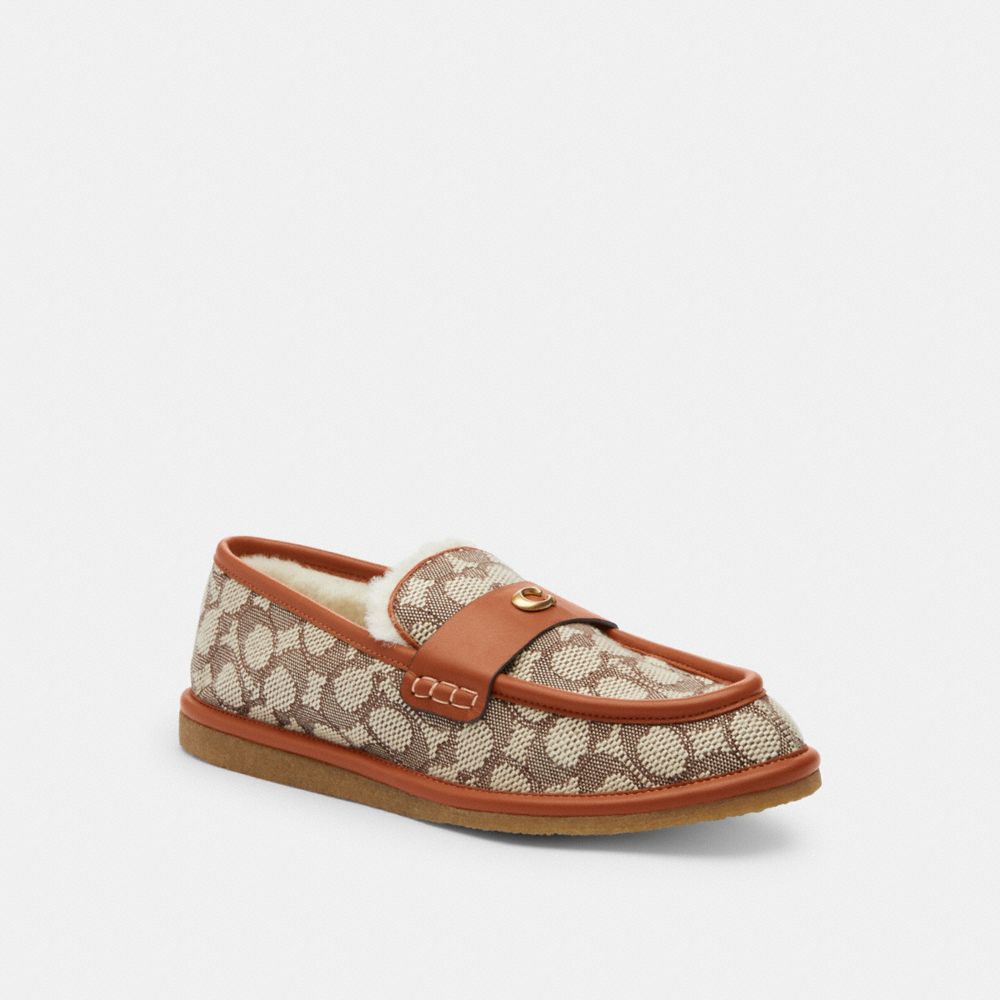 COACH®,Forest Slipper In Signature Textile Jacquard,Rubber,Cotton,Recycled Polyester,Flats,Loafer,Logo,Metal,Color Block,P...,Multi Color,Front View