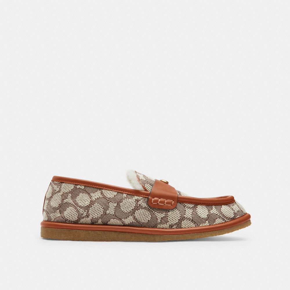 COACH®,Forest Slipper In Signature Textile Jacquard,Rubber,Cotton,Recycled Polyester,Flats,Loafer,Logo,Metal,Color Block,P...,Multi Color,Angle View