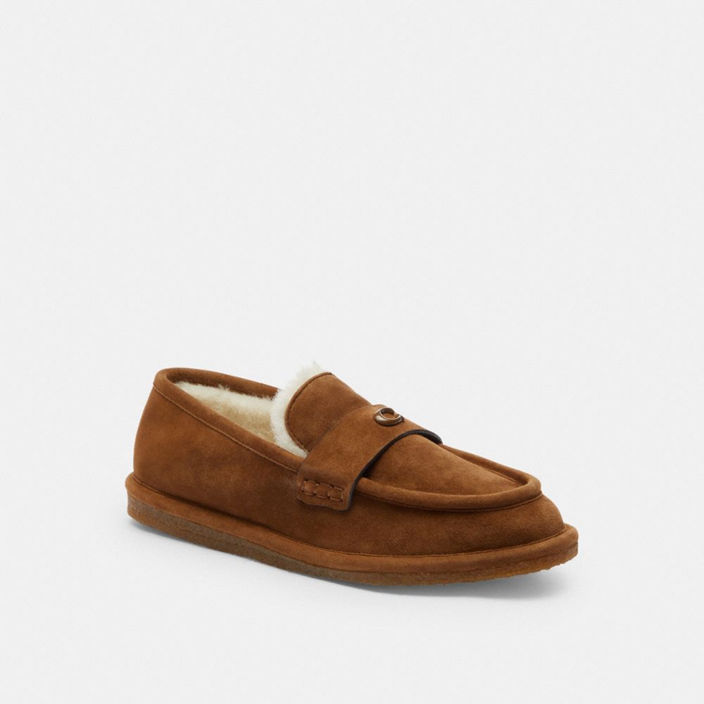COACH®,Forest Slipper,Suede,Faux Shearling,Rubber,Flats,Loafer,Logo,Metal,Penny Loafer,Casual,Brown,Front View