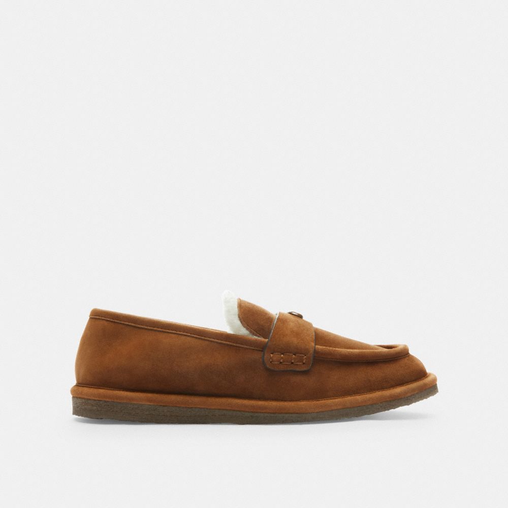 COACH®,Forest Slipper,Suede,Faux Shearling,Rubber,Flats,Loafer,Logo,Metal,Penny Loafer,Casual,Brown,Angle View