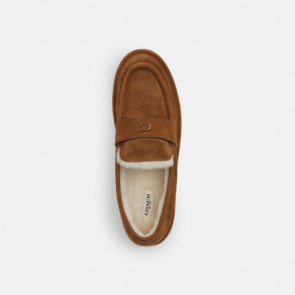 COACH®,Forest Slipper,Suede,Faux Shearling,Rubber,Flats,Loafer,Logo,Metal,Penny Loafer,Casual,Brown,Inside View,Top View