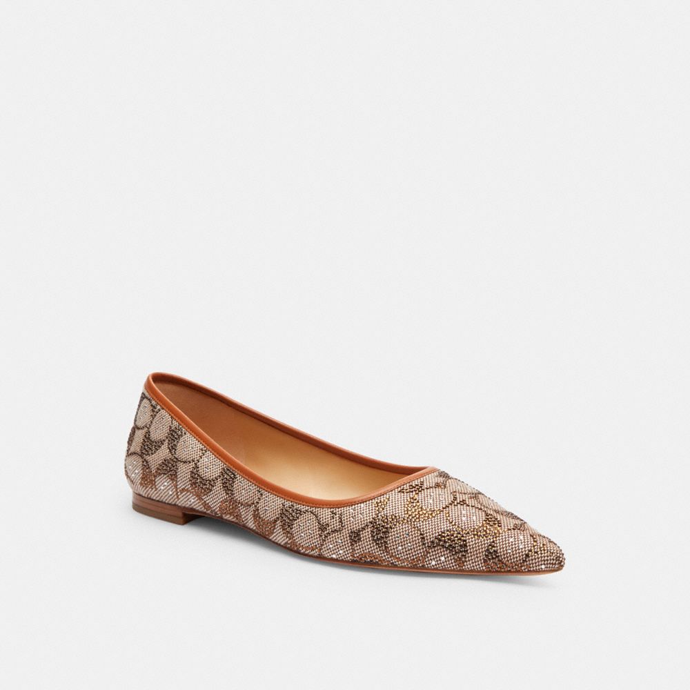 COACH®,Daphne Flat In Crystal Signature Jacquard,Polyester,Cotton,Flats,Crystal,Fabric,Embellished,Rhinestones,Cushioned,S...,Brown,Front View