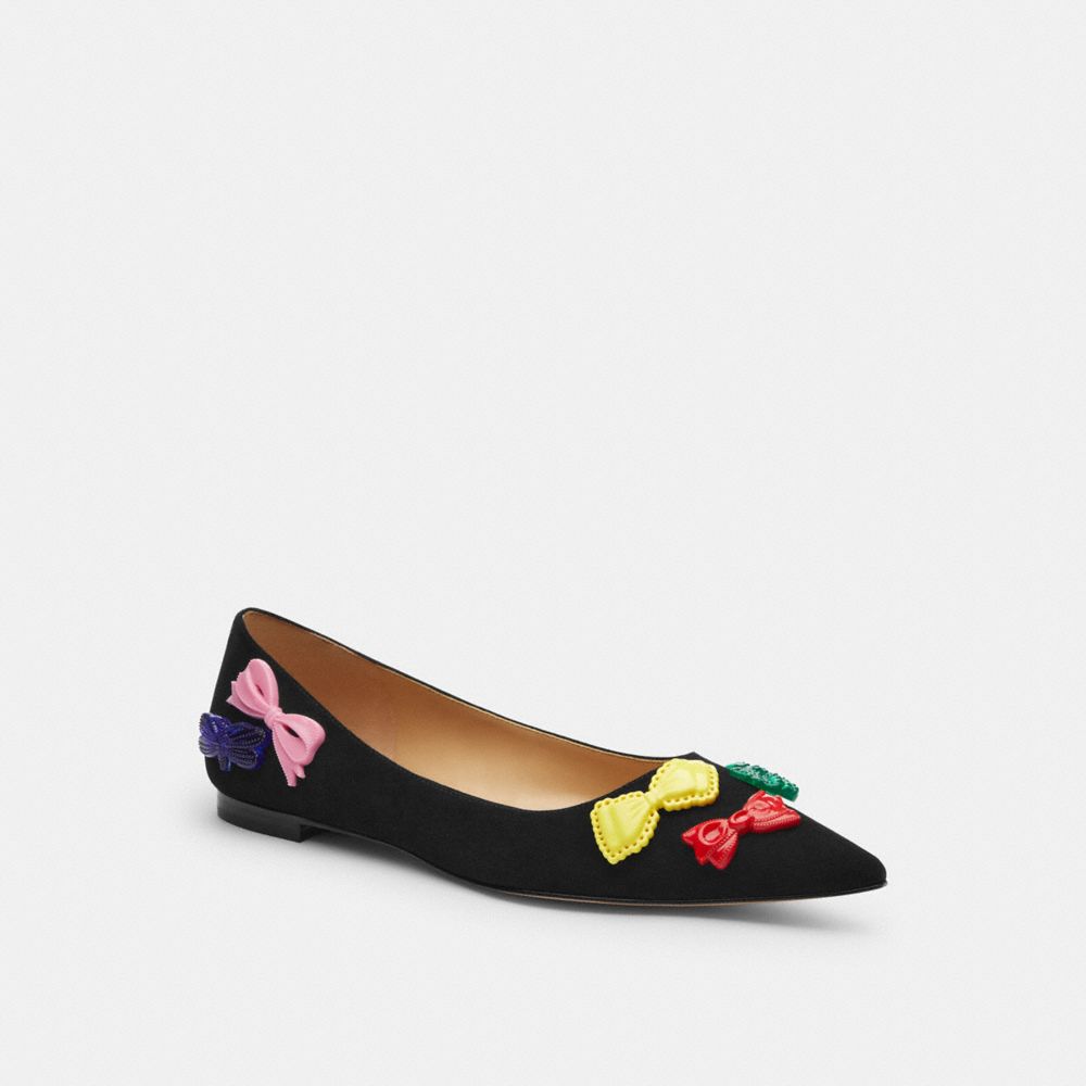 COACH®,Daphne Flat,Suede,Flats,Fabric,Embellished,Bow,Applique,Pull Tab,Day Party,Black,Front View