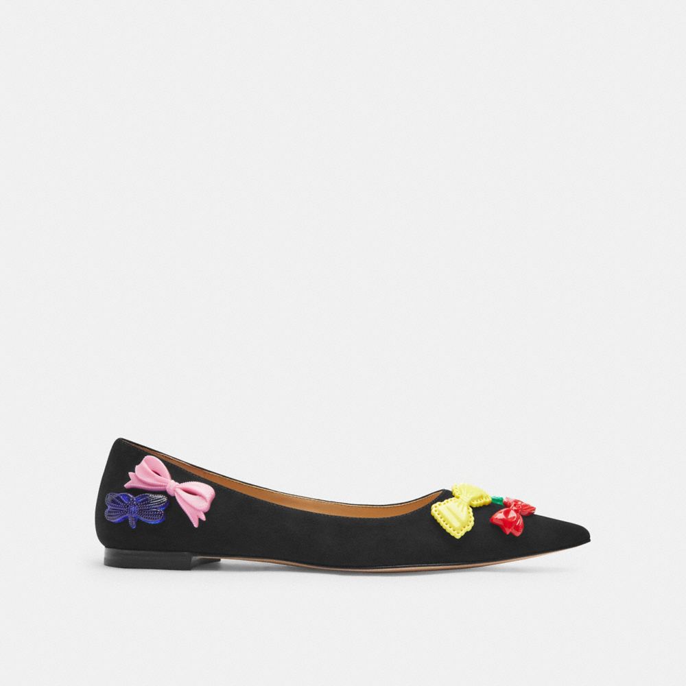 COACH®,Daphne Flat,Suede,Flats,Fabric,Embellished,Bow,Applique,Pull Tab,Day Party,Black,Angle View