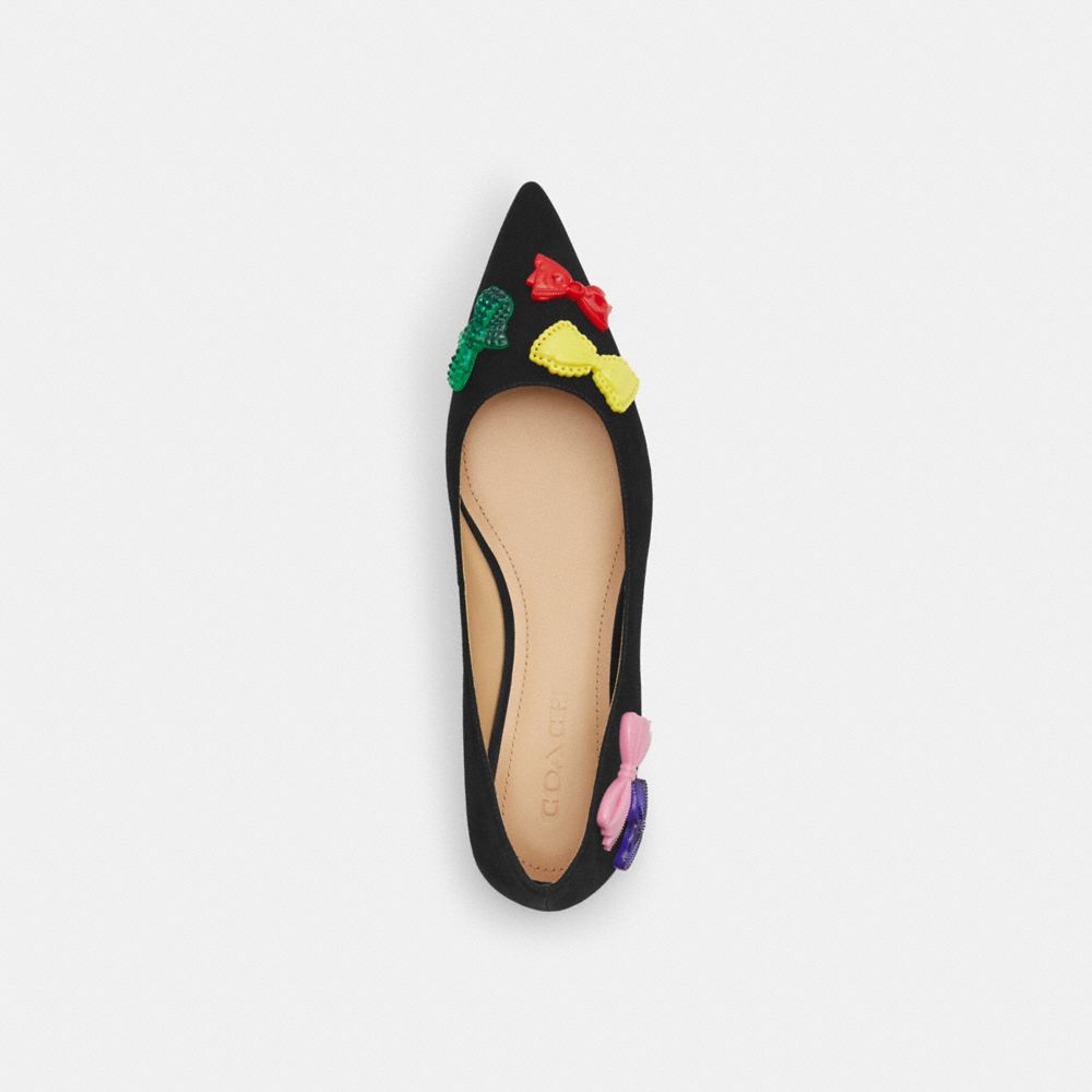 COACH®,Daphne Flat,Suede,Flats,Fabric,Embellished,Bow,Applique,Pull Tab,Day Party,Black,Inside View,Top View