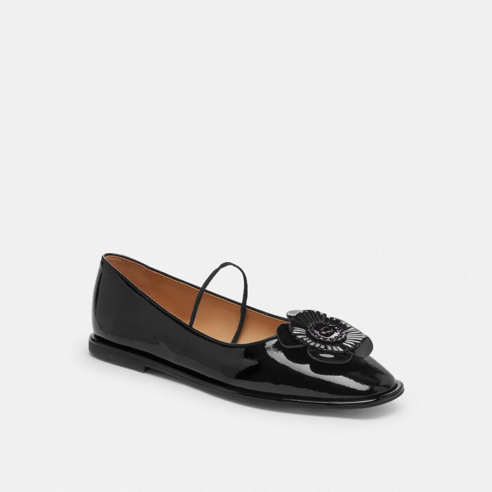 COACH®,Elaina Ballet,Rubber,Leather,Flats,Ballet Flats,Floral Embellishment,Logo,Traction,Casual,Black,Front View