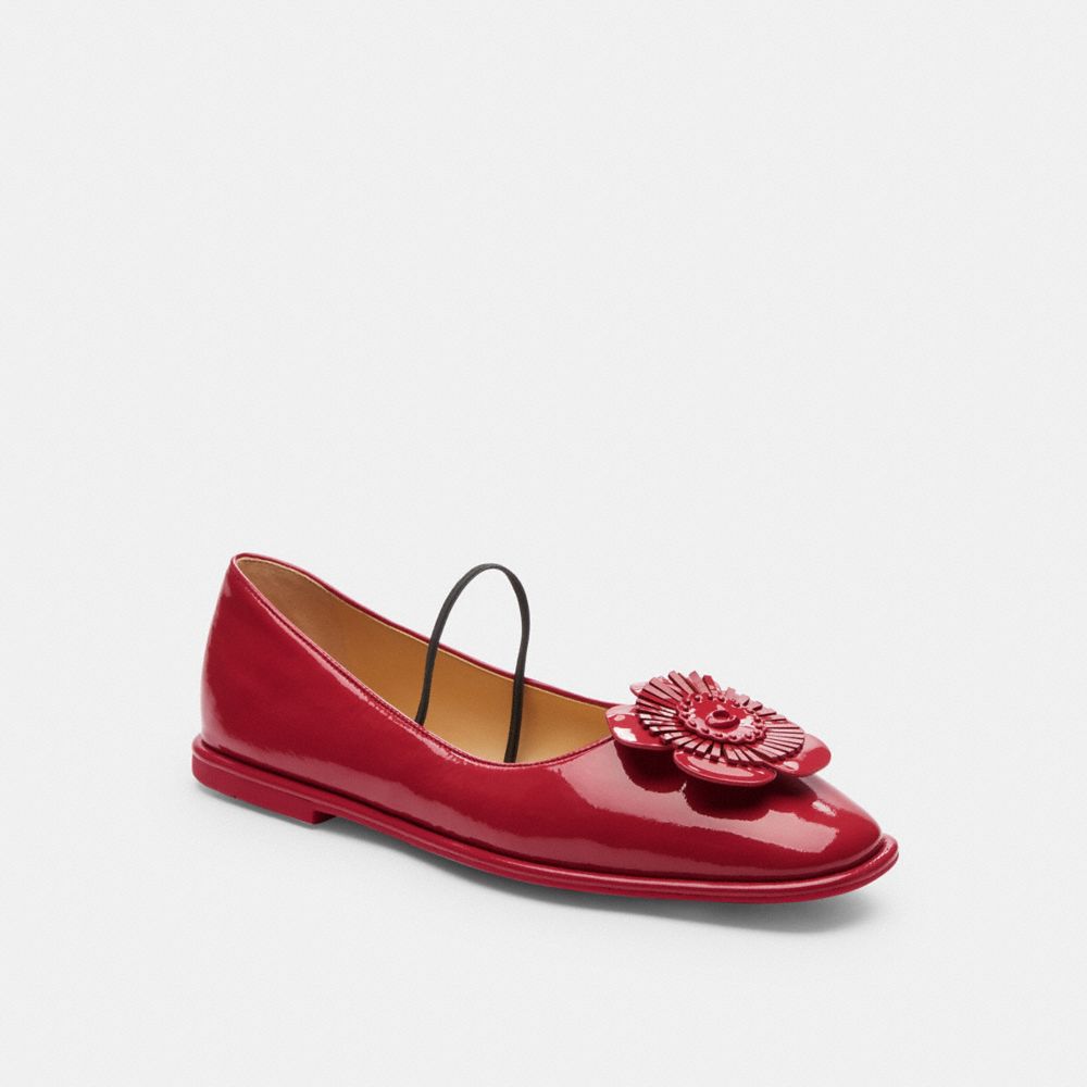 COACH®,Elaina Ballet,Rubber,Leather,Flats,Ballet Flats,Floral Embellishment,Logo,Traction,Casual,Maroon,Front View
