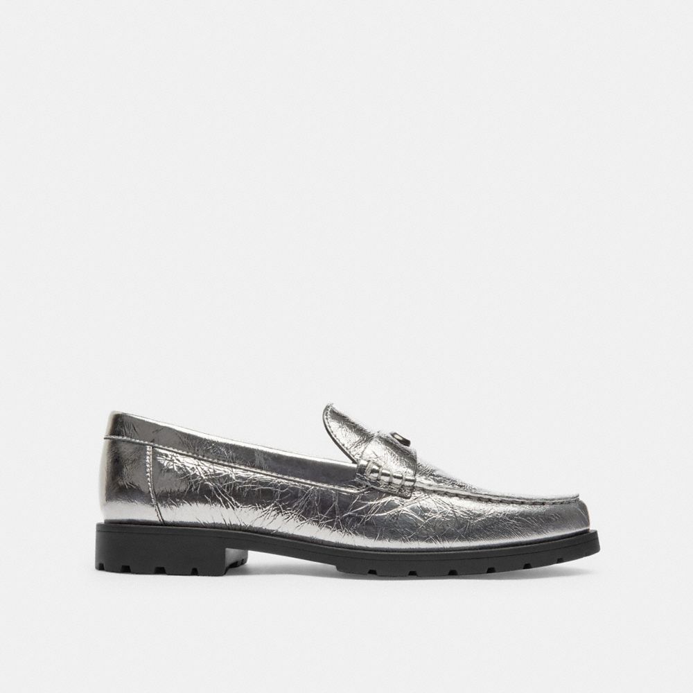 COACH®,Jocelyn Loafer,Rubber,Loafer,Logo,Metal,Penny Loafer,Traction,Day Party,Metallic,Angle View
