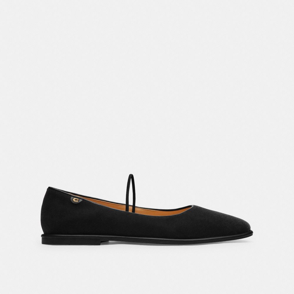COACH®,Emilia Mary Jane,Rubber,Velvet,Ballet Flats,Foam,Logo,Metal,Cushioned,Work,Casual,Black,Angle View