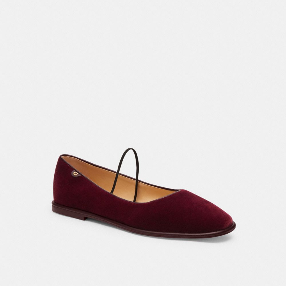 COACH®,Emilia Mary Jane,Rubber,Velvet,Ballet Flats,Foam,Logo,Metal,Cushioned,Work,Casual,Maroon,Front View