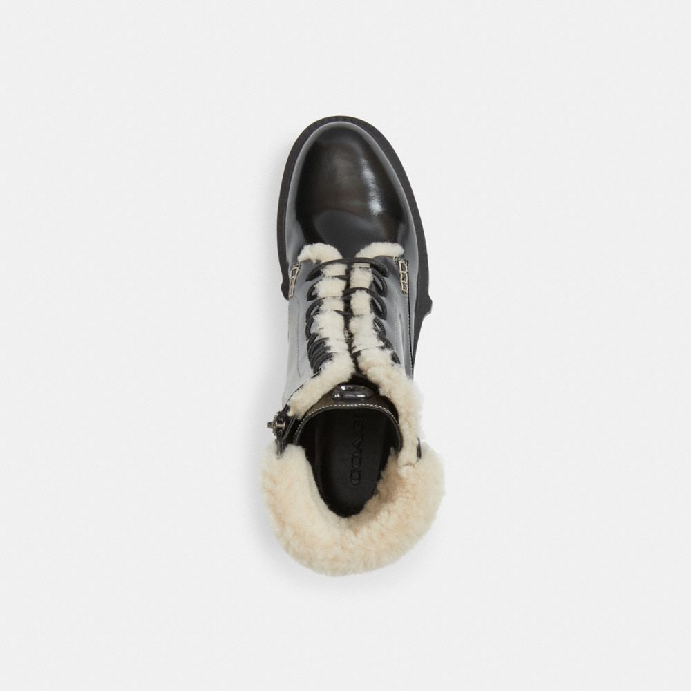 COACH®,Leighton Bootie,Rubber,Leather,Winter,Combat,Bootie,Color Block,Shearling,Pull Tab,Outdoor,Casual,Black,Inside View,Top View