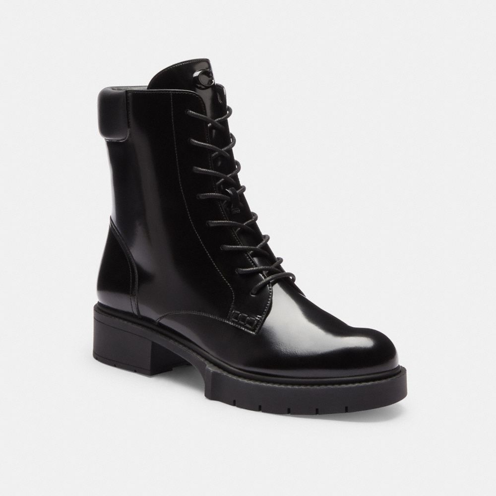 COACH®,Leighton Bootie,Rubber,Leather,Bootie,Combat,Pull Tab,Casual,Black,Front View