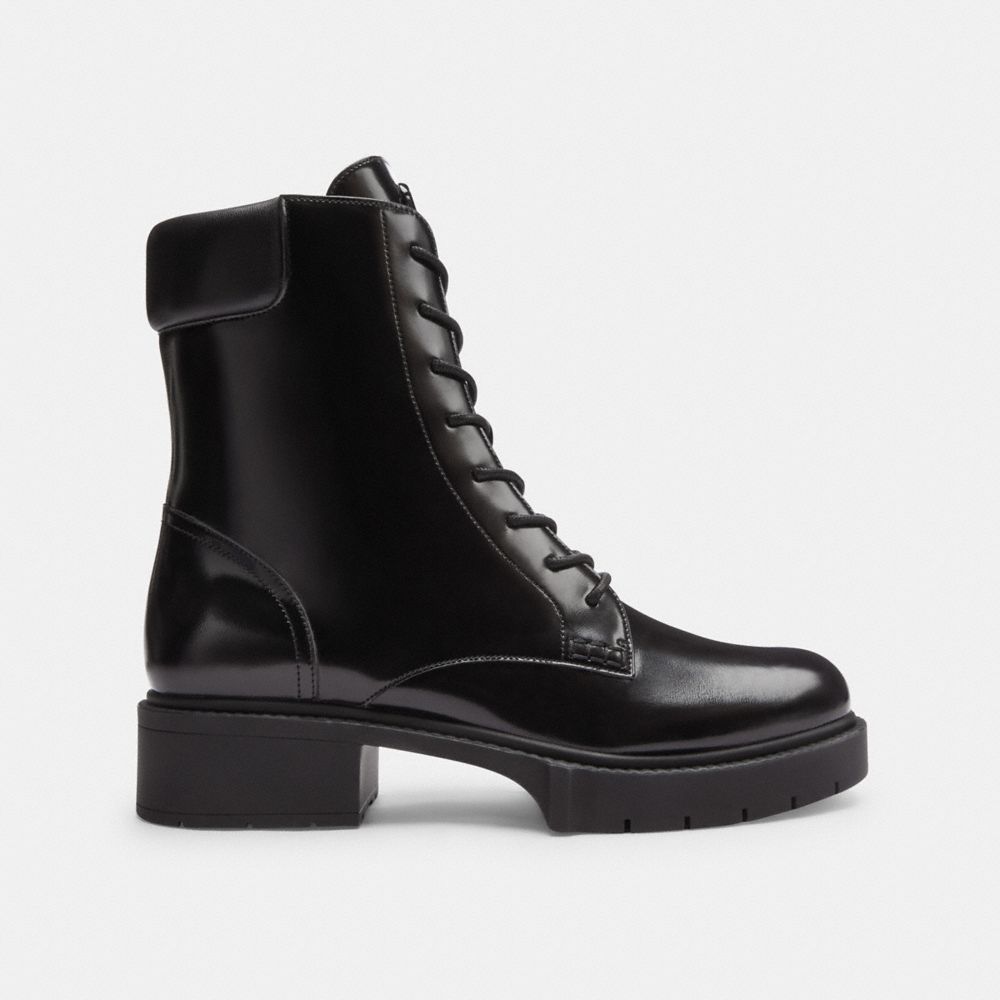 COACH®,Leighton Bootie,Rubber,Leather,Bootie,Combat,Pull Tab,Casual,Black,Angle View