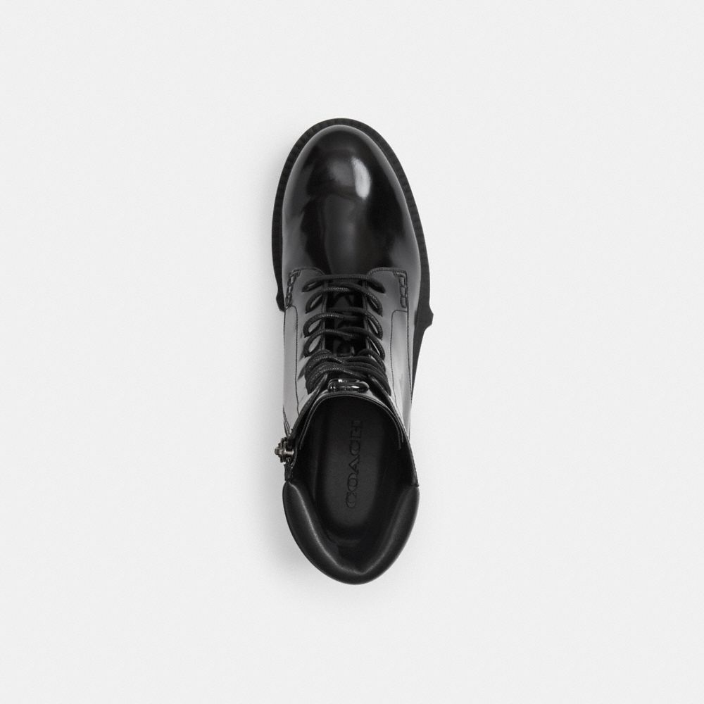 COACH®,Leighton Bootie,Rubber,Leather,Bootie,Combat,Pull Tab,Casual,Black,Inside View,Top View