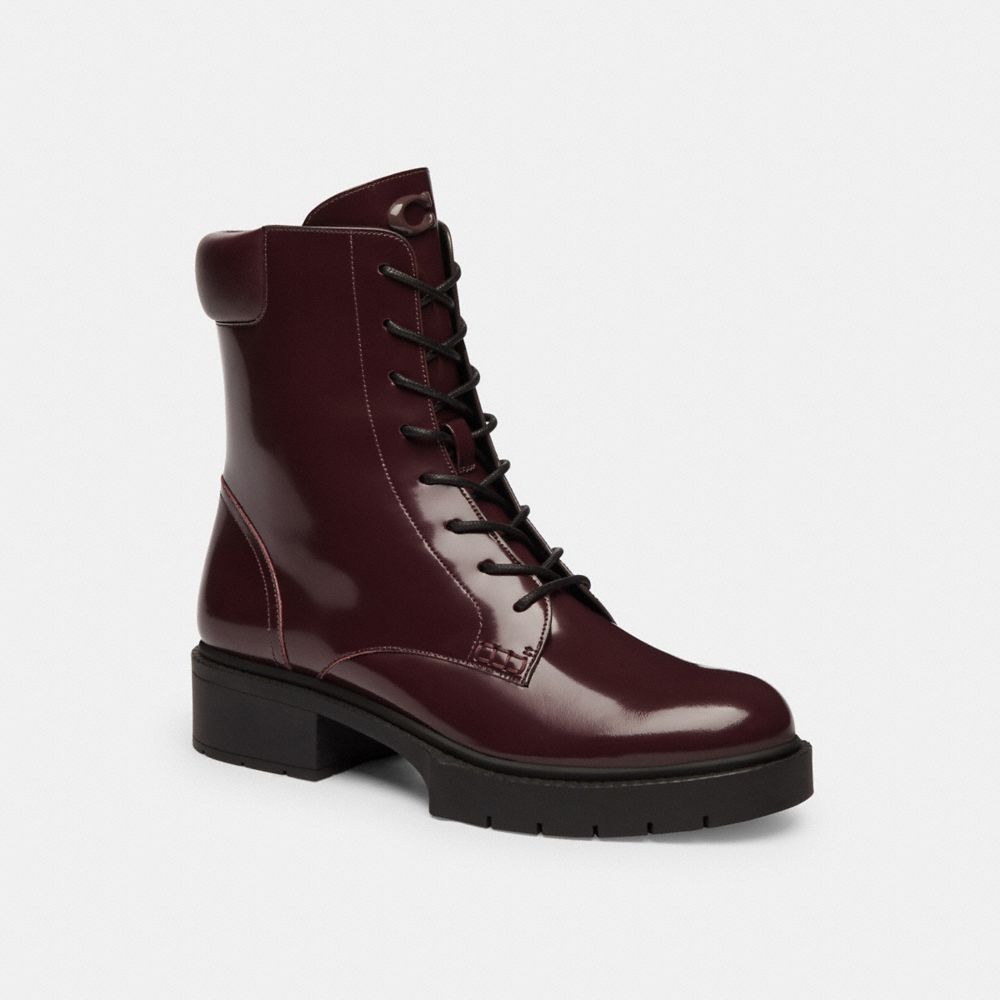 COACH®,Leighton Bootie,Rubber,Leather,Bootie,Combat,Pull Tab,Casual,Maroon,Front View
