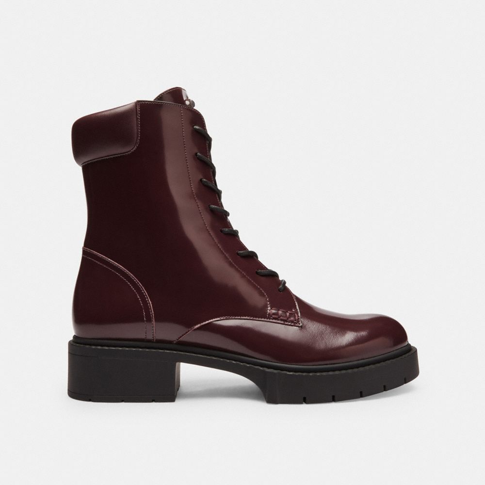 COACH®,Leighton Bootie,Rubber,Leather,Bootie,Combat,Pull Tab,Casual,Maroon,Angle View