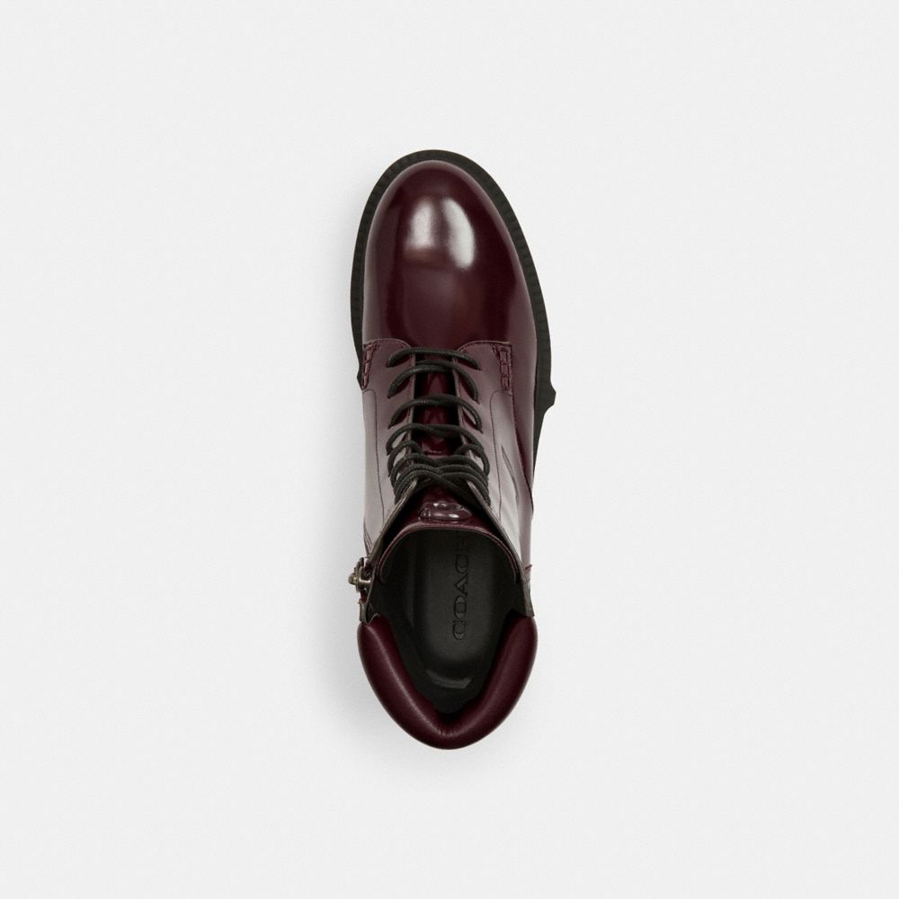 COACH®,Leighton Bootie,Rubber,Leather,Bootie,Combat,Pull Tab,Casual,Maroon,Inside View,Top View