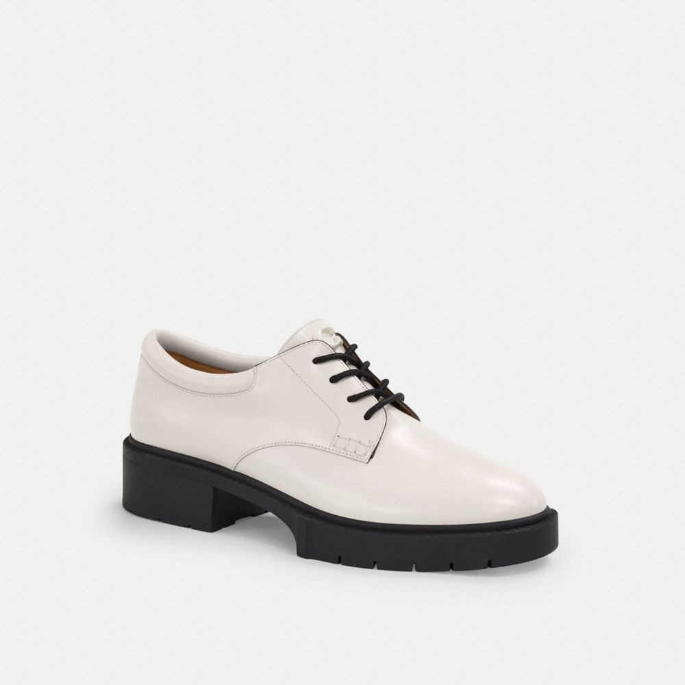 COACH®,Lyla Derby,Rubber,Derby Shoes,Oxford,Cushioned,Traction,Work,Casual,White,Front View