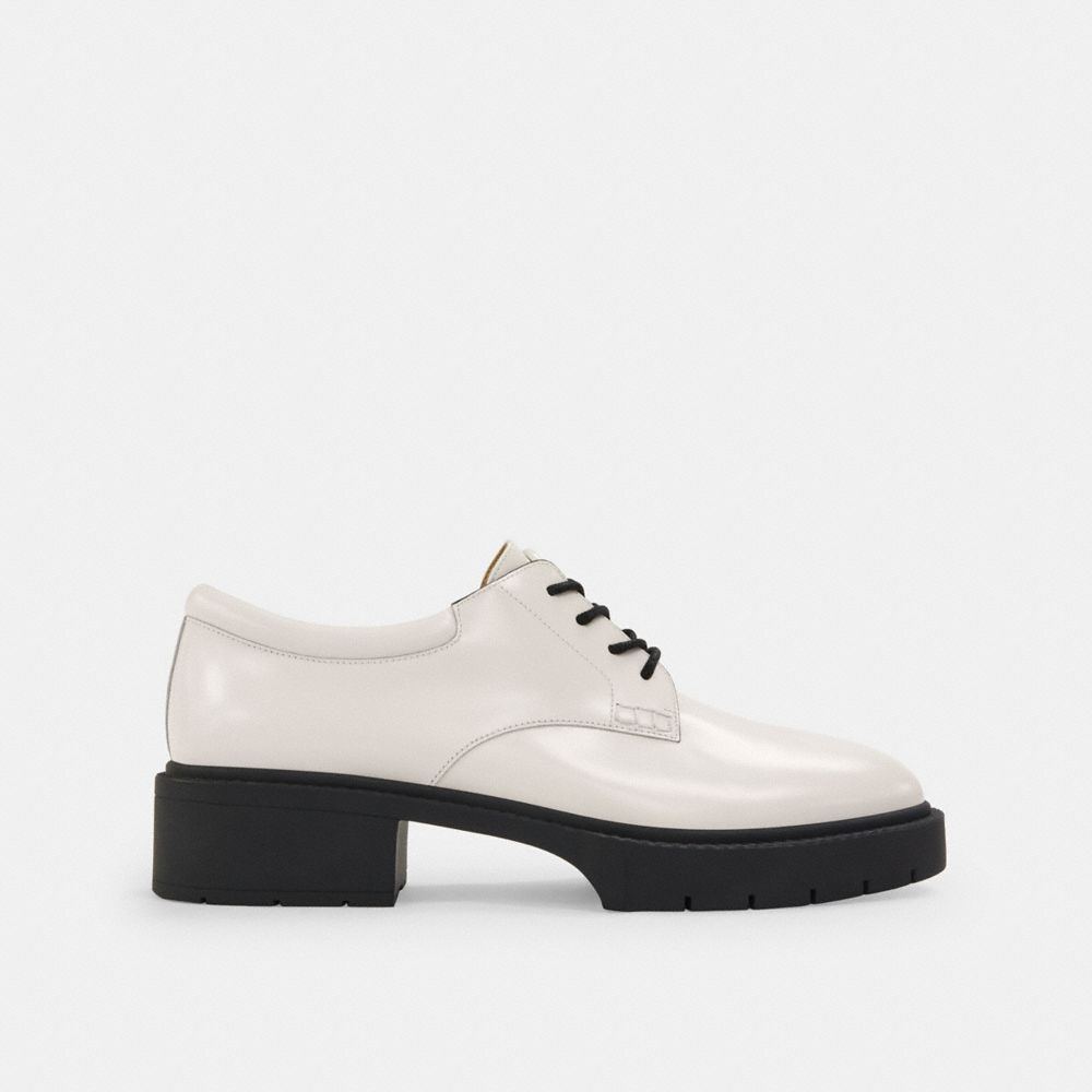 COACH®,Lyla Derby,Rubber,Derby Shoes,Oxford,Cushioned,Traction,Work,Casual,White,Angle View