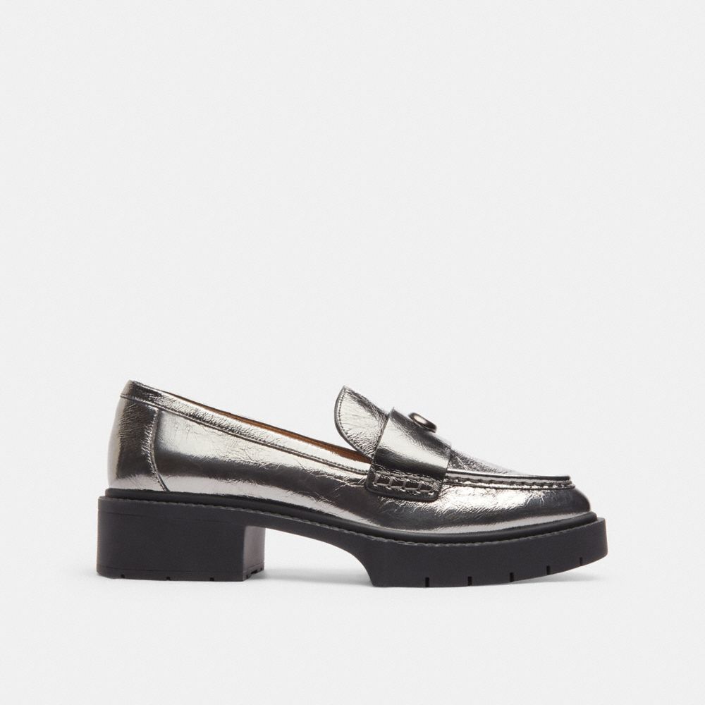 COACH®,Leah Loafer,Leather,Rubber,Loafer,Foam,Logo,Penny Loafer,Cushioned,Casual,Work,Black,Angle View