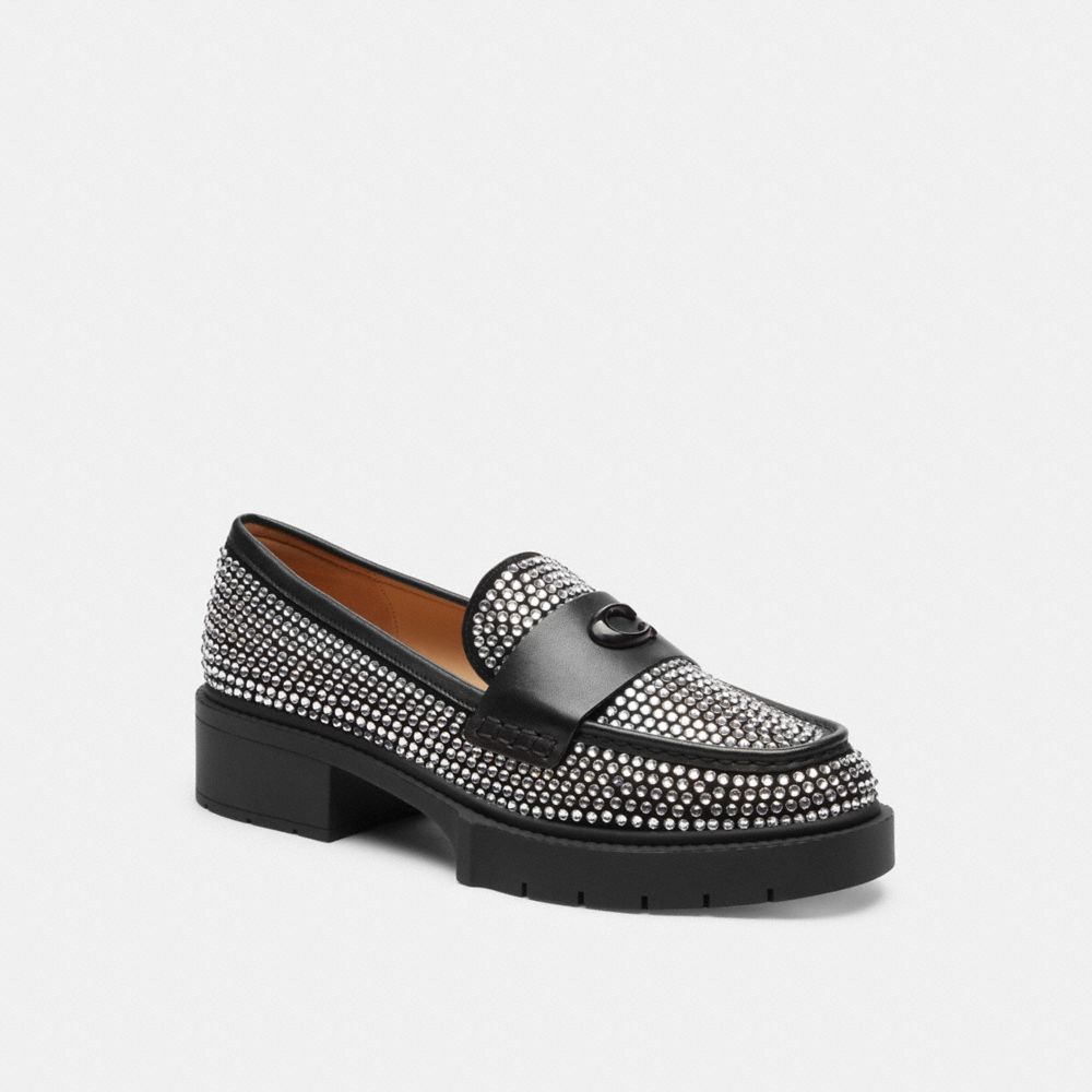 COACH®,Leah Loafer With Crystal,Leather,Suede,Rubber,Loafer,Rhinestones,Embellished,Logo,Metal,Penny Loafer,Cushioned,Day ...,Multi Color,Front View
