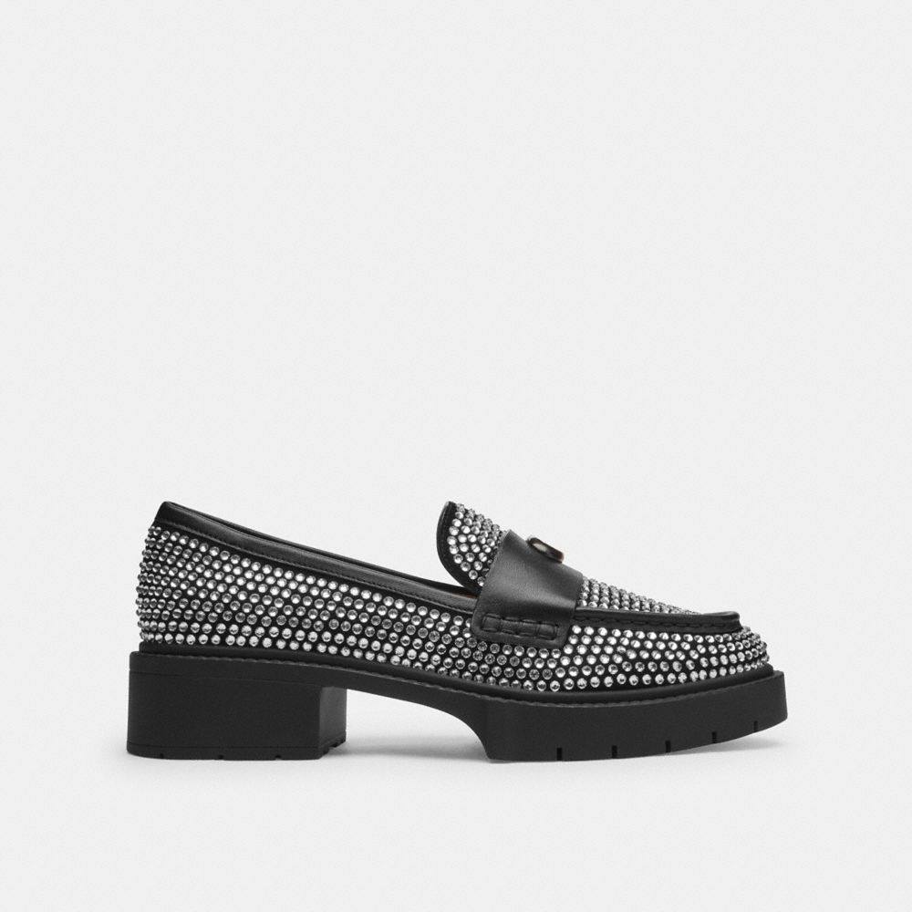 COACH®,Leah Loafer With Crystal,Leather,Suede,Rubber,Loafer,Rhinestones,Embellished,Logo,Metal,Penny Loafer,Cushioned,Day ...,Multi Color,Angle View