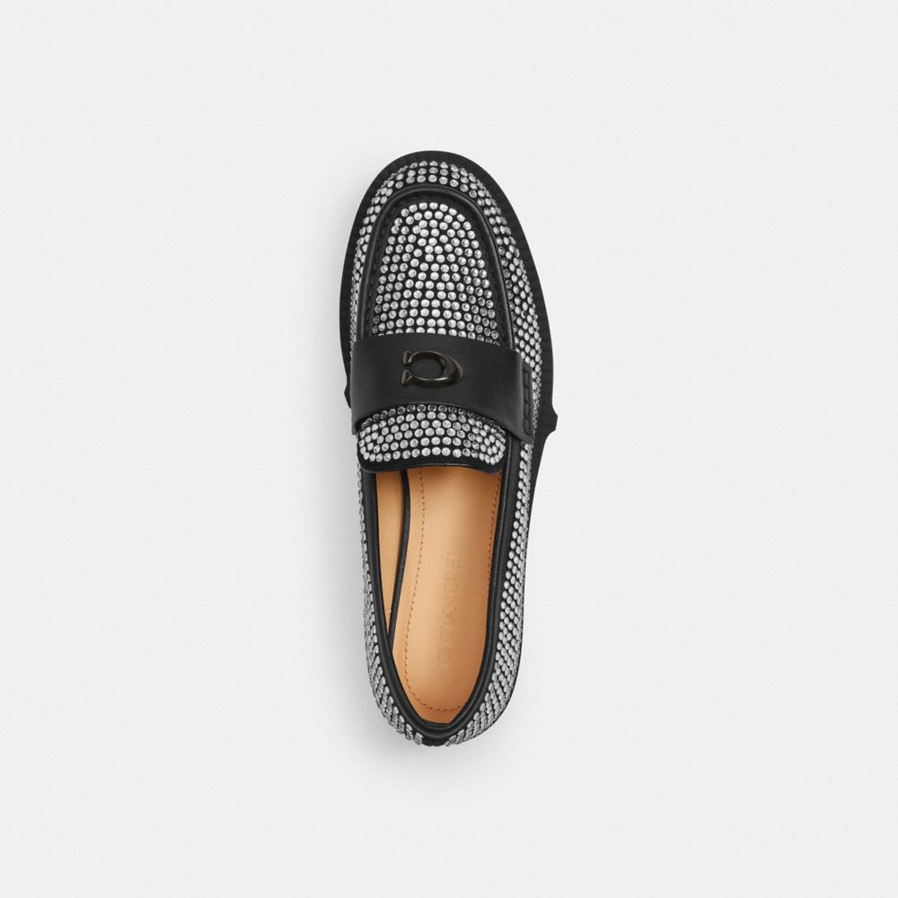COACH®,Leah Loafer With Crystal,Leather,Suede,Rubber,Loafer,Rhinestones,Embellished,Logo,Metal,Penny Loafer,Cushioned,Day ...,Multi Color,Inside View,Top View