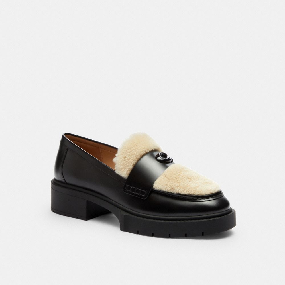 COACH®,Leah Loafer,Shearling,Leather,Rubber,Loafer,Foam,Shearling,Logo,Metal,Penny Loafer,Color Block,Memory Foam Insole,C...,Black,Front View