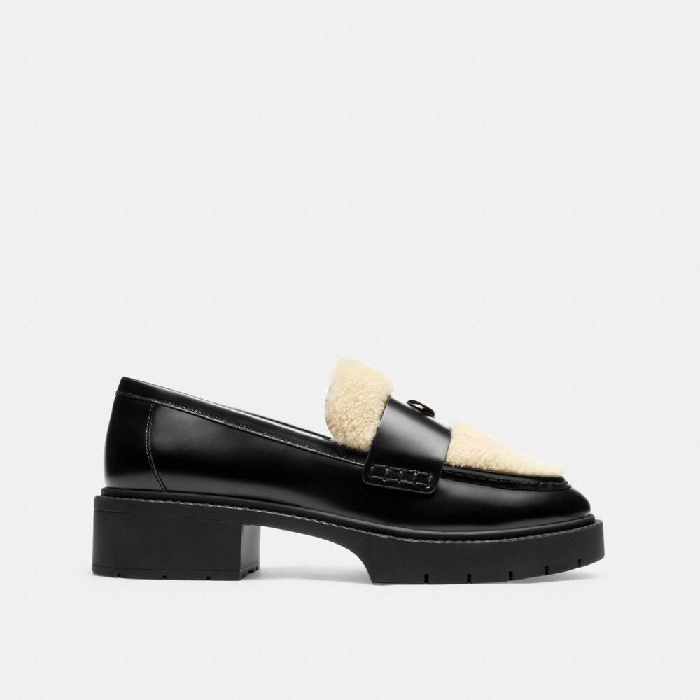 COACH®,Leah Loafer,Shearling,Leather,Rubber,Loafer,Foam,Shearling,Logo,Metal,Penny Loafer,Color Block,Memory Foam Insole,C...,Black,Angle View