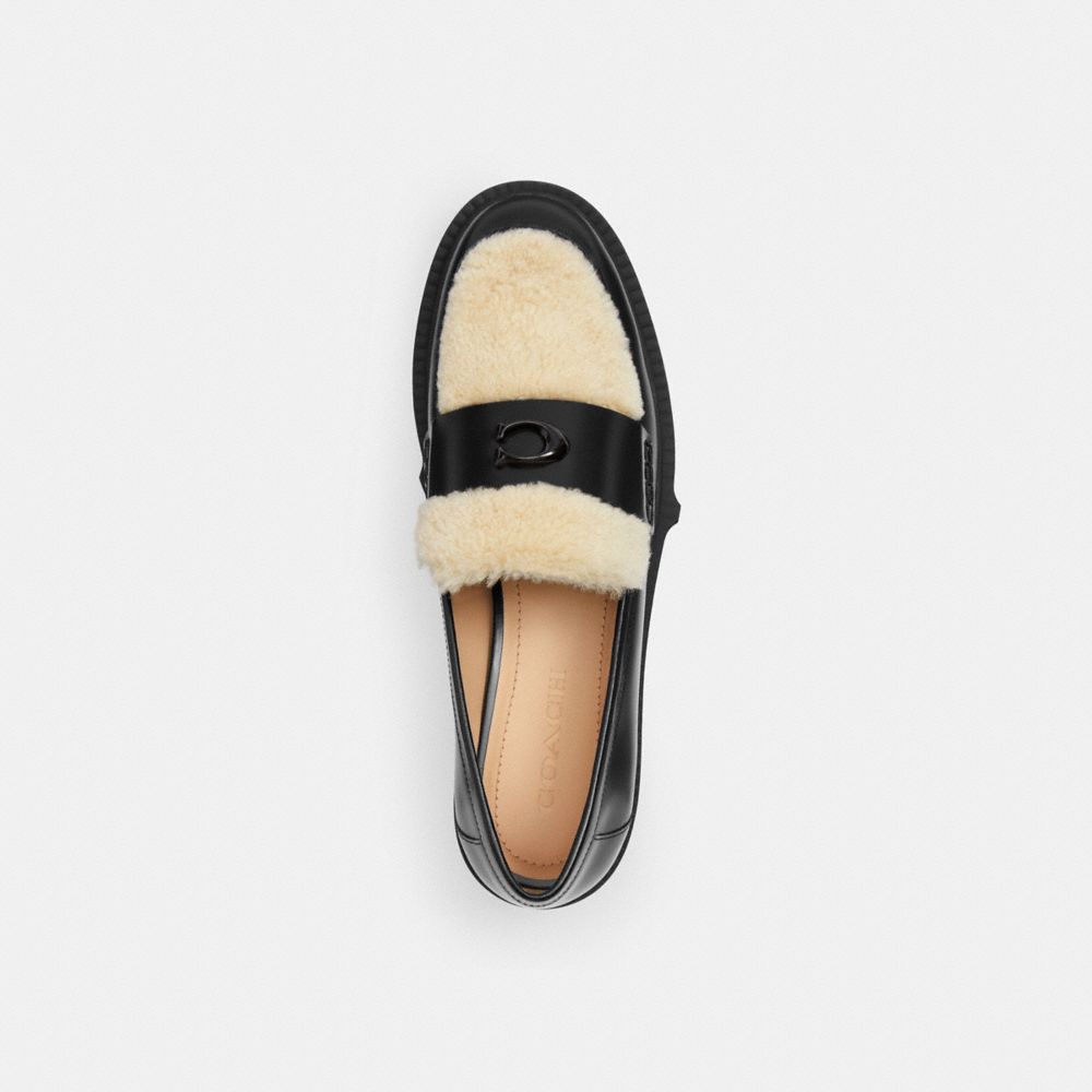 COACH®,Leah Loafer,Shearling,Leather,Rubber,Loafer,Foam,Shearling,Logo,Metal,Penny Loafer,Color Block,Memory Foam Insole,C...,Black,Inside View,Top View