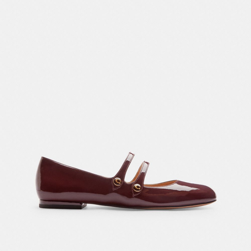 COACH®,Winley Mary Jane,Rubber,Ballet Flats,Logo,Traction,Pull Tab,Day Party,Maroon,Angle View
