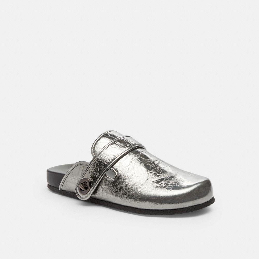 COACH®,Blake Clog,Leather,Rubber,Clogs,Traction,Cushioned,Casual,Metallic,Front View