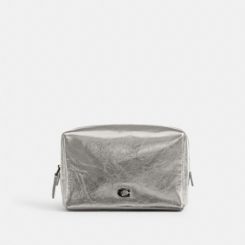 COACH®,Essential Cosmetic Pouch,Leather,Makeup Bag,Metal,Logo,Silver Metal,Travel,Gray,Front View