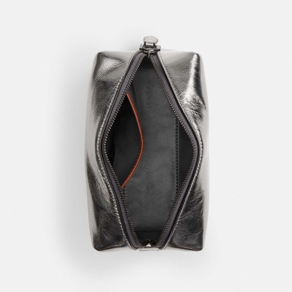 COACH®,Essential Cosmetic Pouch,Leather,Makeup Bag,Metal,Logo,Silver Metal,Travel,Gray,Inside View,Top View