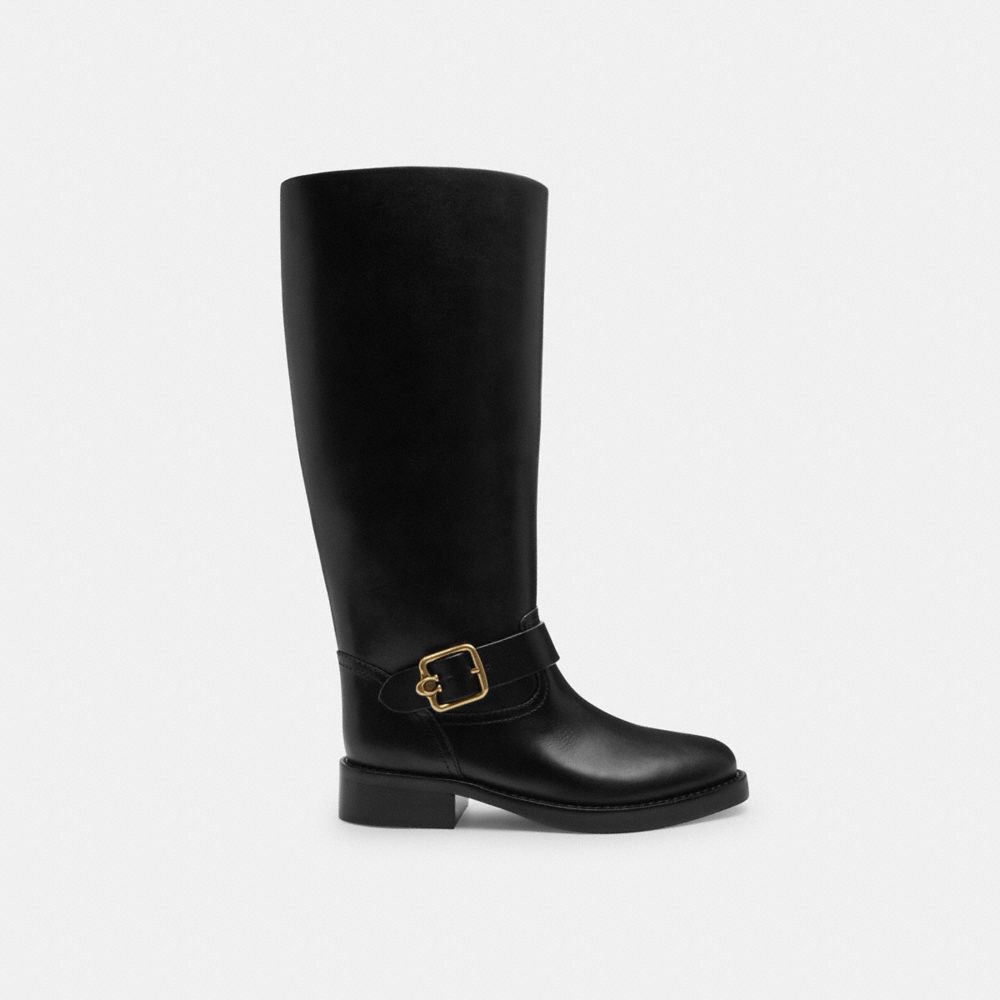COACH®,Madeline Extended Calf Boot,Leather,Rubber,Riding,Pull Tab,Traction,Casual,Black,Angle View