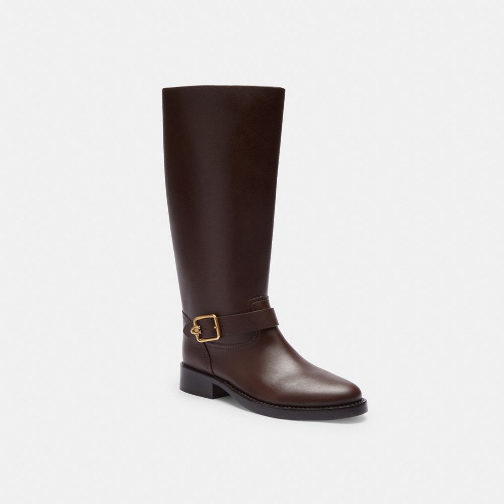 COACH®,Madeline Extended Calf Boot,Leather,Rubber,Riding,Pull Tab,Traction,Casual,Brown,Front View
