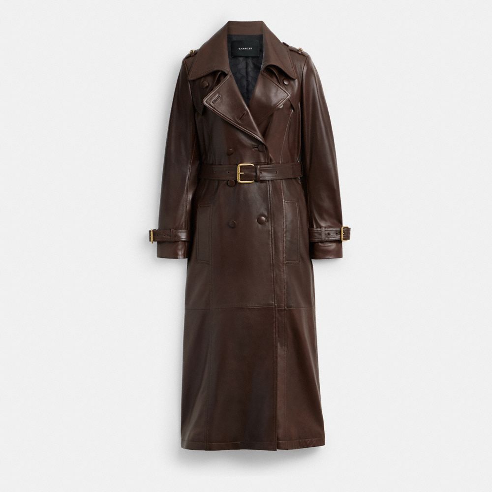 COACH®,Heritage C Double Breasted Leather Trench,Top Coat,Button,Sustainable,Work,Brown,Front View