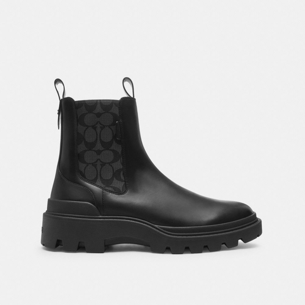 COACH®,Colson Boot With Signature,Rubber,Chelsea Boots,Pattern,Pull Tab,Casual,Black,Angle View