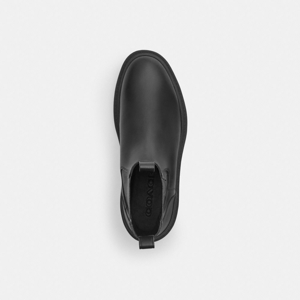 COACH®,Colson Boot With Signature,Rubber,Chelsea Boots,Pattern,Pull Tab,Casual,Black,Inside View,Top View