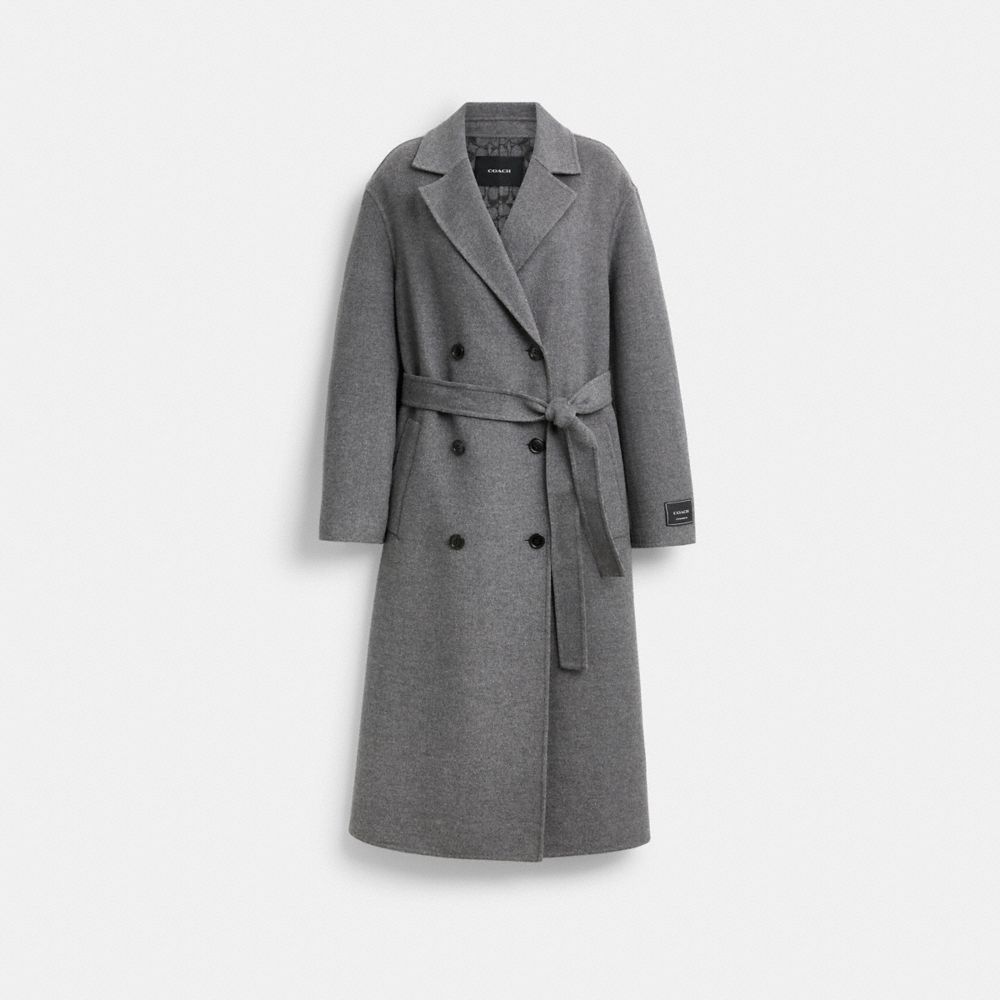 COACH®,Long Wool Coat,Viscose,Wool,Polyamide,Trench,Tag Embellishment,Logo,Tie Belt,Work,Gray,Front View