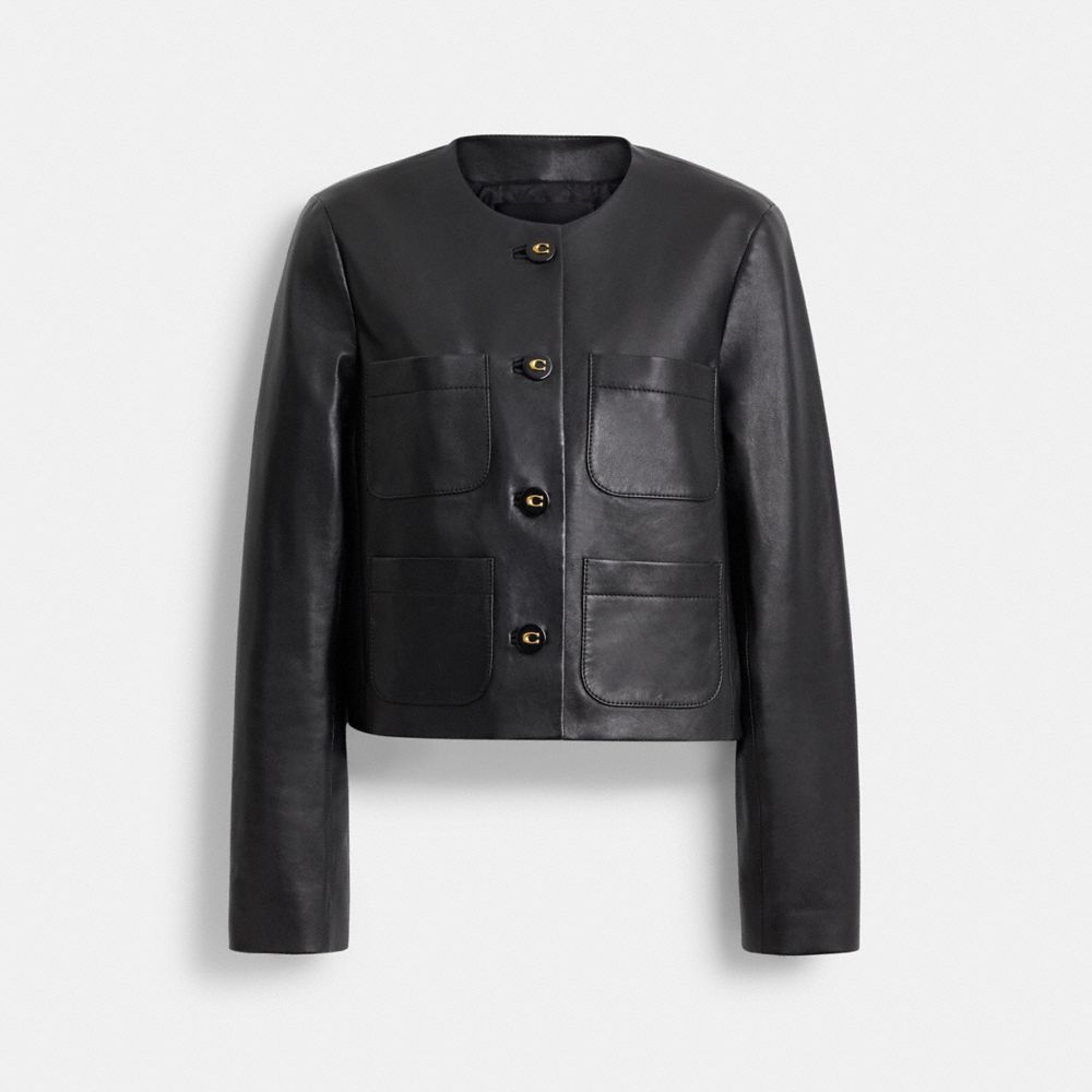 COACH®,Collarless Leather Jacket,Lambskin,Leather,Logo,Button,Day Party,Black,Front View