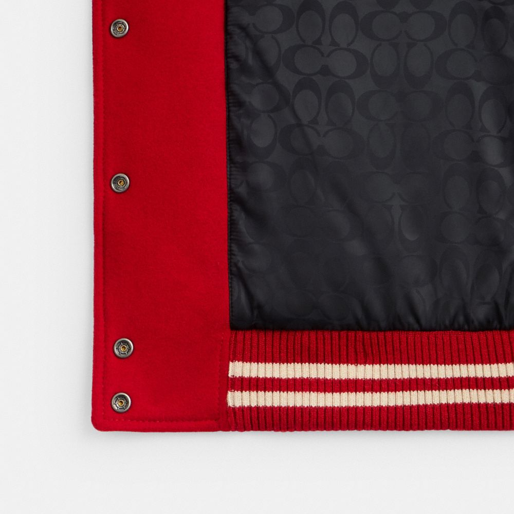 COACH®,Varsity Jacket,Bomber,Logo,Embroidered,Color Block,Stripe,Sustainable,Day Party,Casual,Multi Color,Inside View,Top View